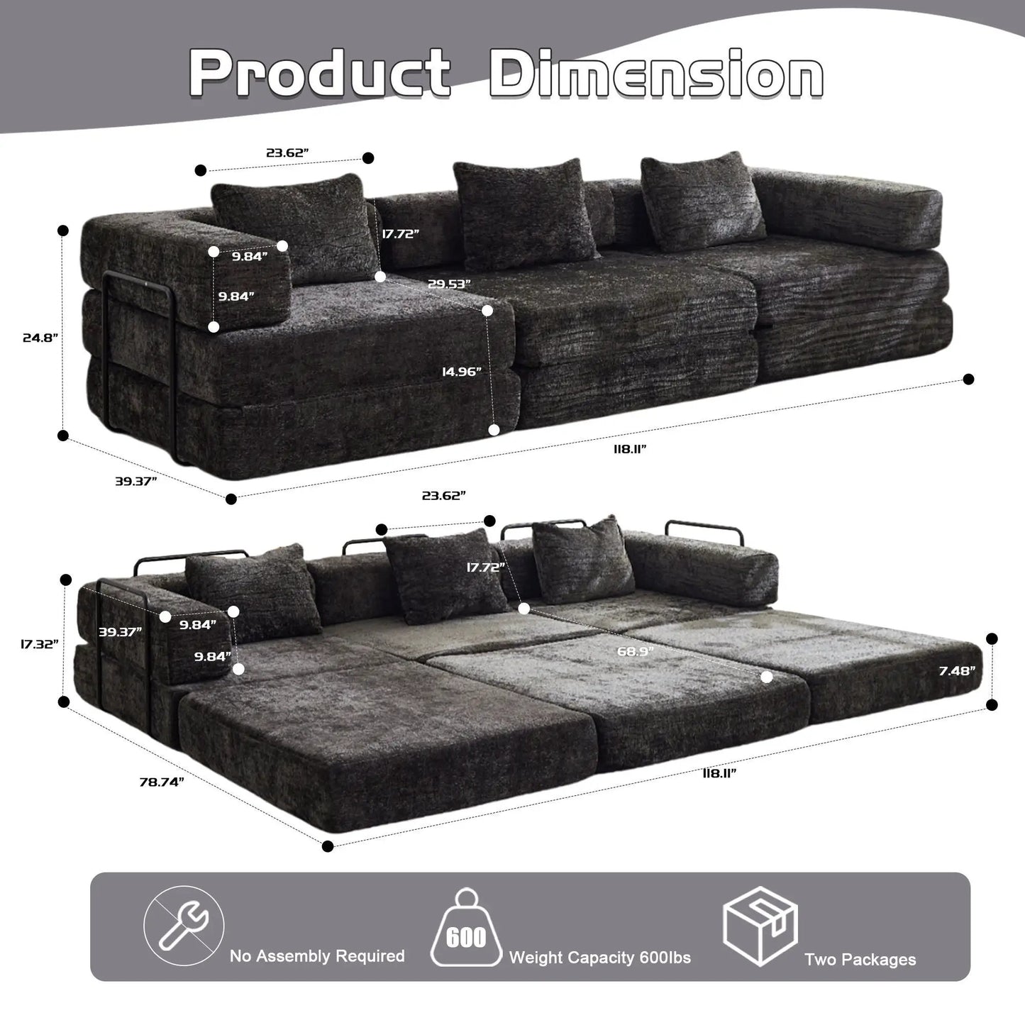 Convertible floor sofa bed futon, charcoal gray fabric, Unique Piece Furniture on Tampa Home & Garden Store
