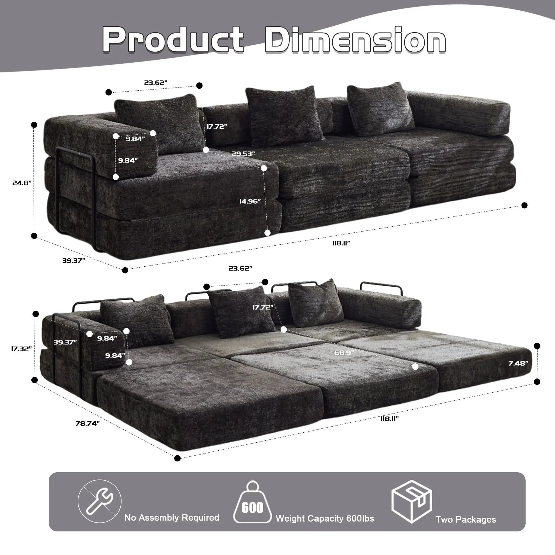 Convertible floor sofa bed futon, charcoal gray fabric, Unique Piece Furniture on Tampa Home & Garden Store