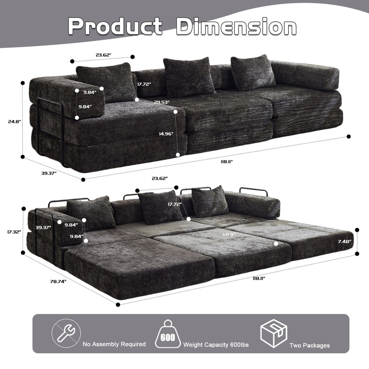 Convertible floor sofa bed futon by HouseOfZazla in dark gray upholstery boneless modular on Tampa Home & Garden Store