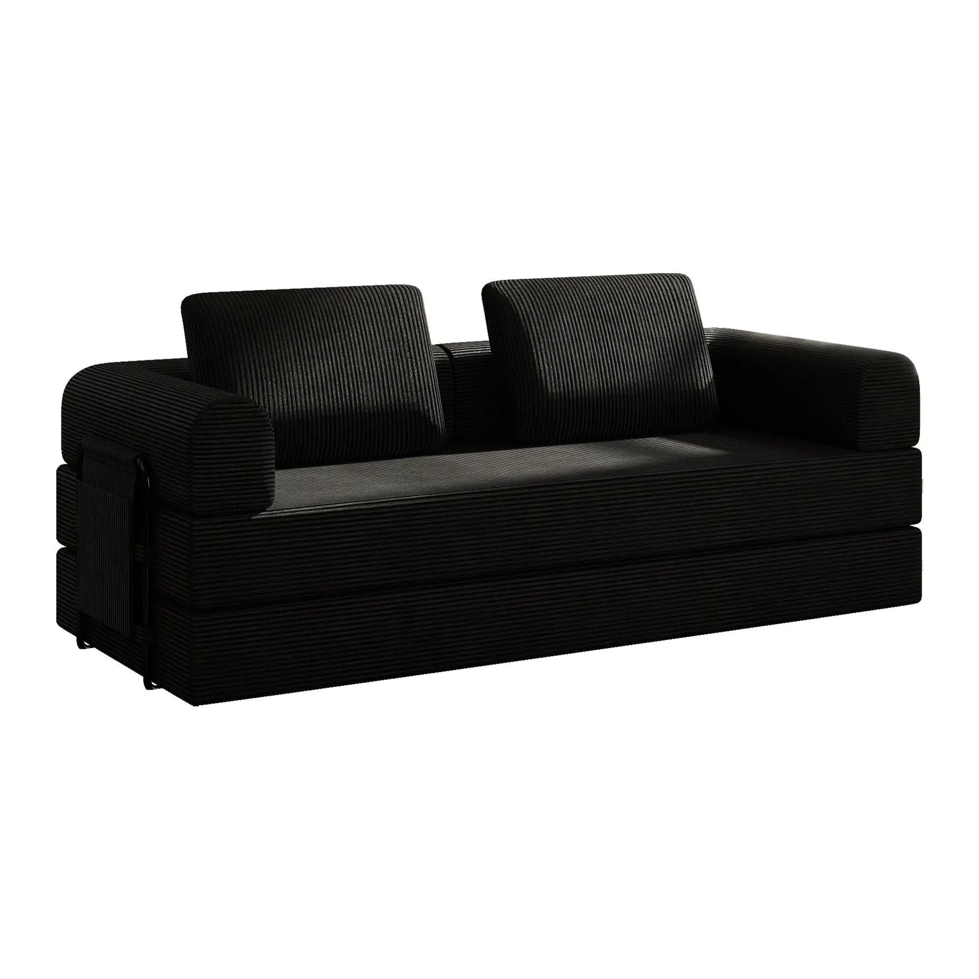 Convertible futon sofa bed with fixed frame and cylindrical pillows, ribbed fabric upholstery on Tampa Home & Garden Store