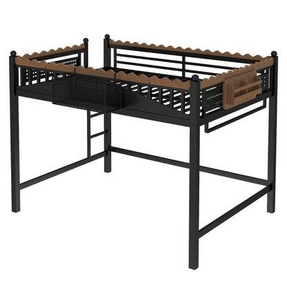 Full-size loft bed with ladders and storage, black metal frame with wood guardrail on Tampa Home & Garden Store