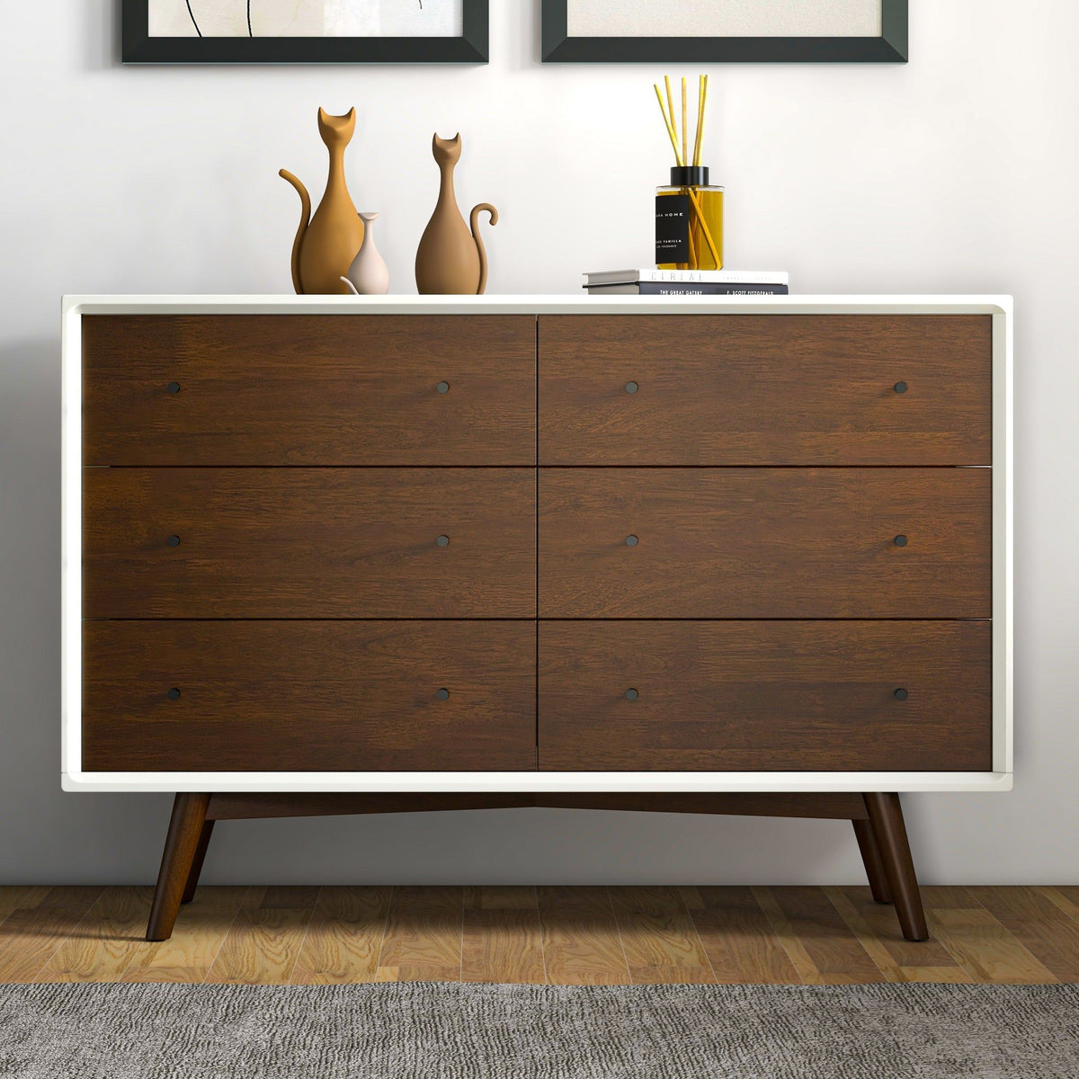 6-drawer dresser with white frame and dark brown drawers, mid-century legs, topped with vases and diffuser on Tampa Home & Garden Store