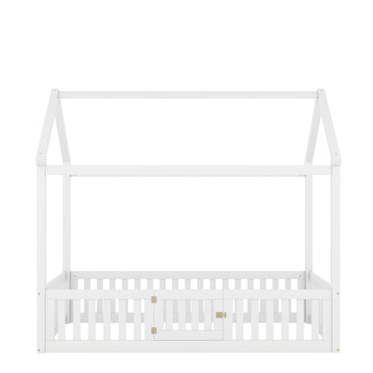 Wood House Bed With Fence And Door, white finish platform bed by HouseOfZazla on Tampa Home & Garden Store