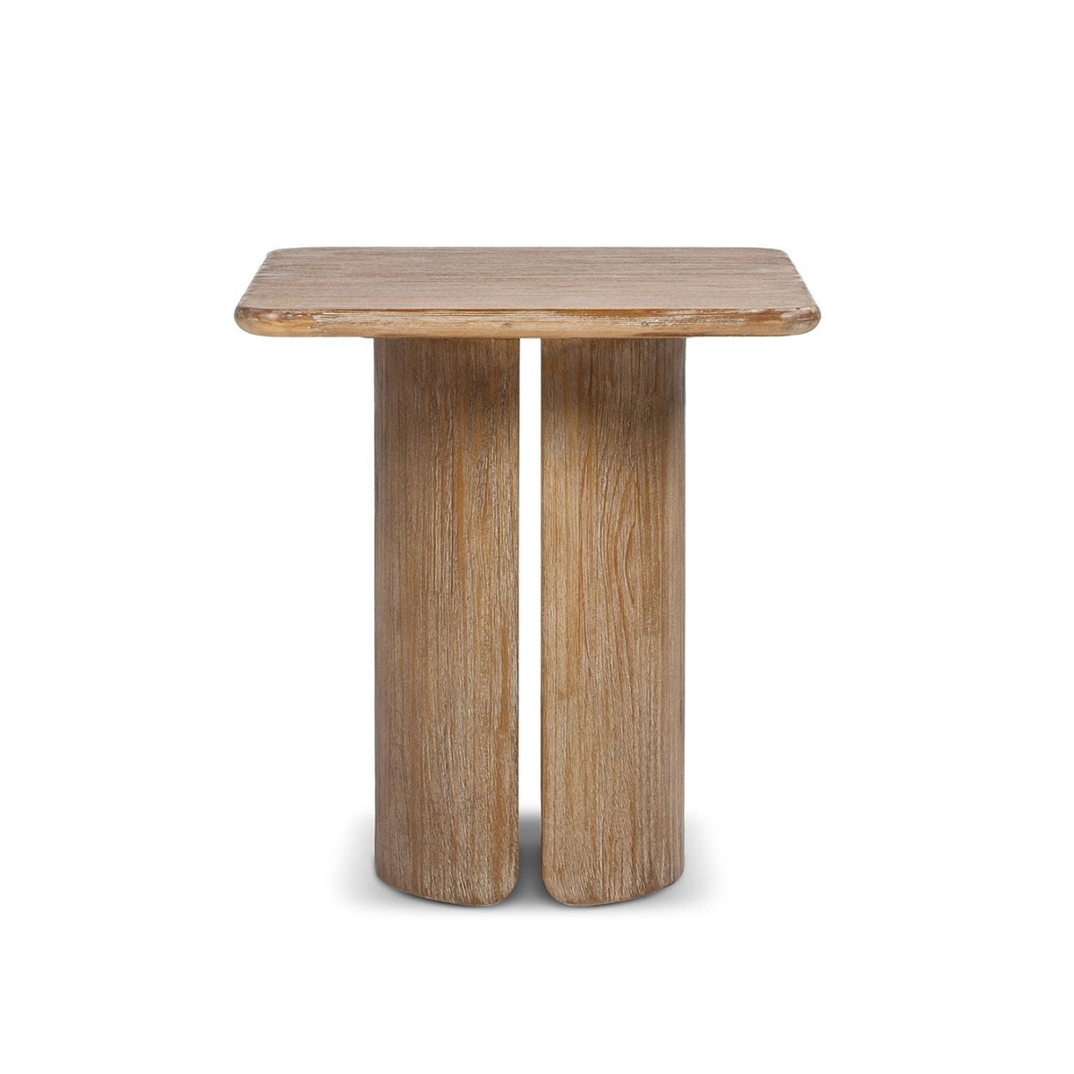 Antique brown square pedestal side table with sculptural pedestal base, two wood-grain cylindrical legs on Tampa Home & Garden Store