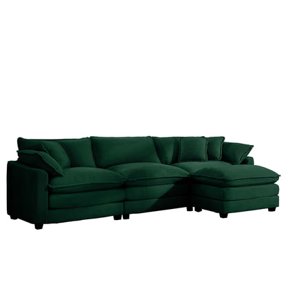 Modern oversized modular cushion sofa with ottoman in deep green corduroy, low back on Tampa Home & Garden Store