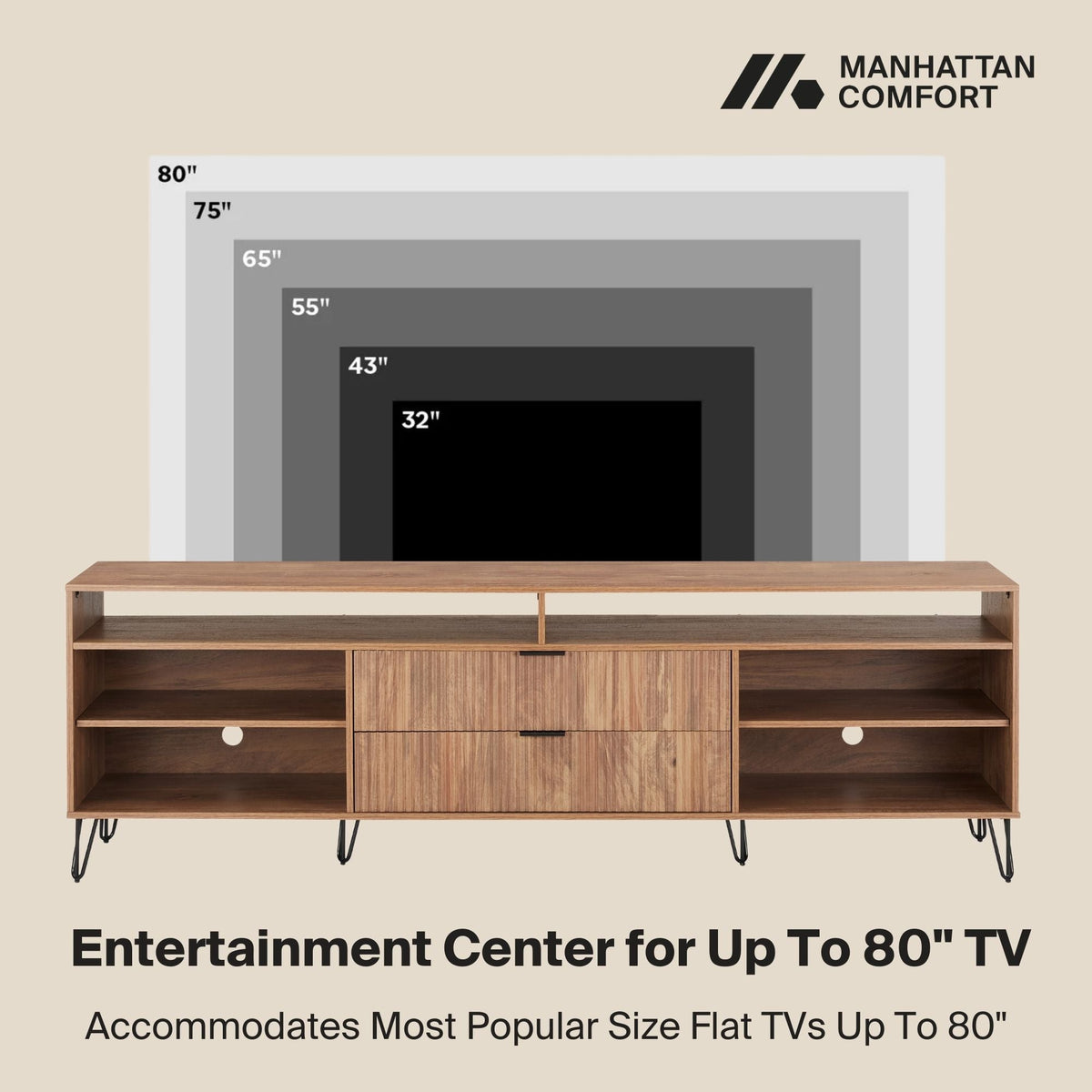 Fluted TV stand with storage and metal legs in wood finish; HouseOfZazla Manhattan Comfort on Tampa Home & Garden Store