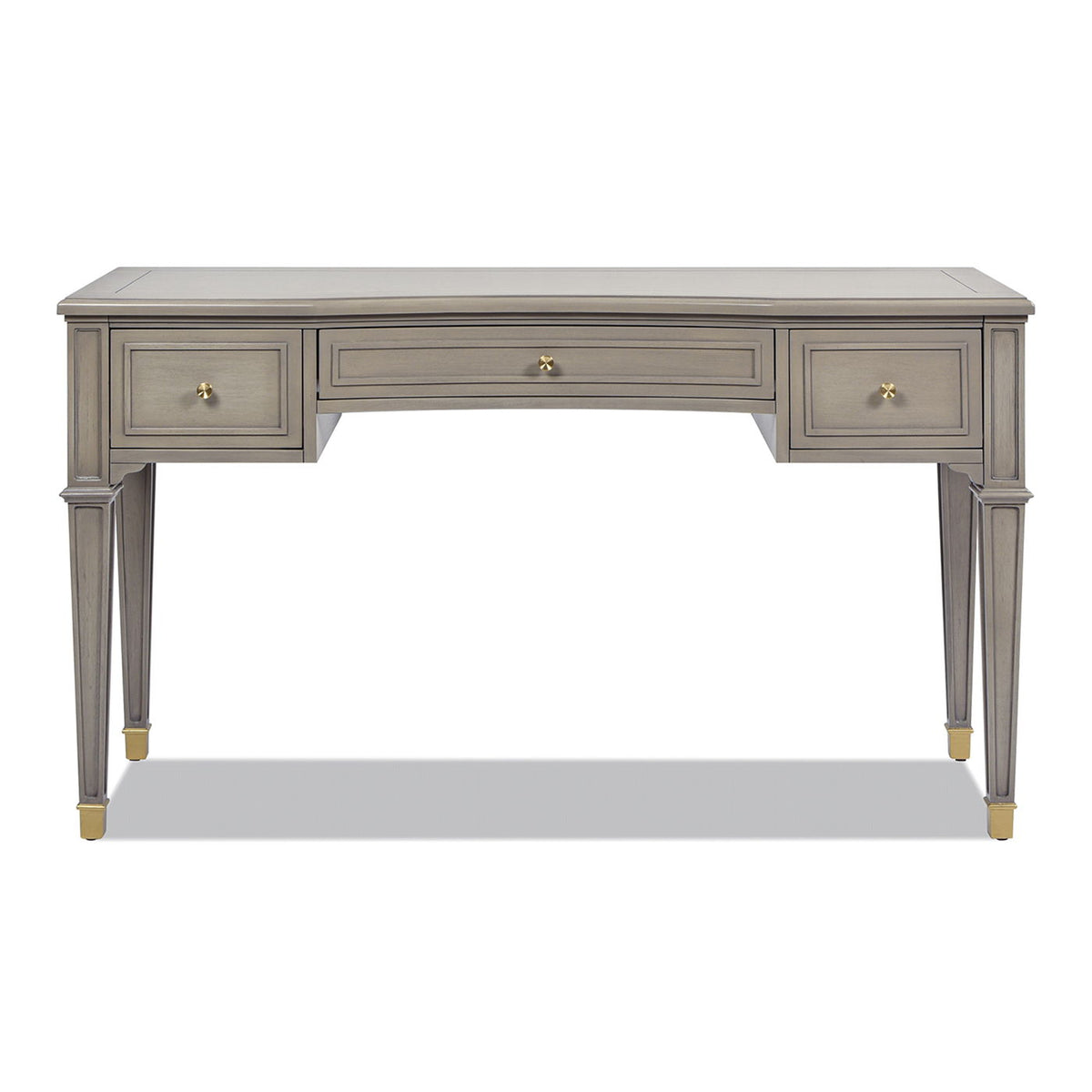 Dauphin 3-Drawer Executive Desk with soft-close drawers in gray finish, brass knobs on Tampa Home & Garden Store