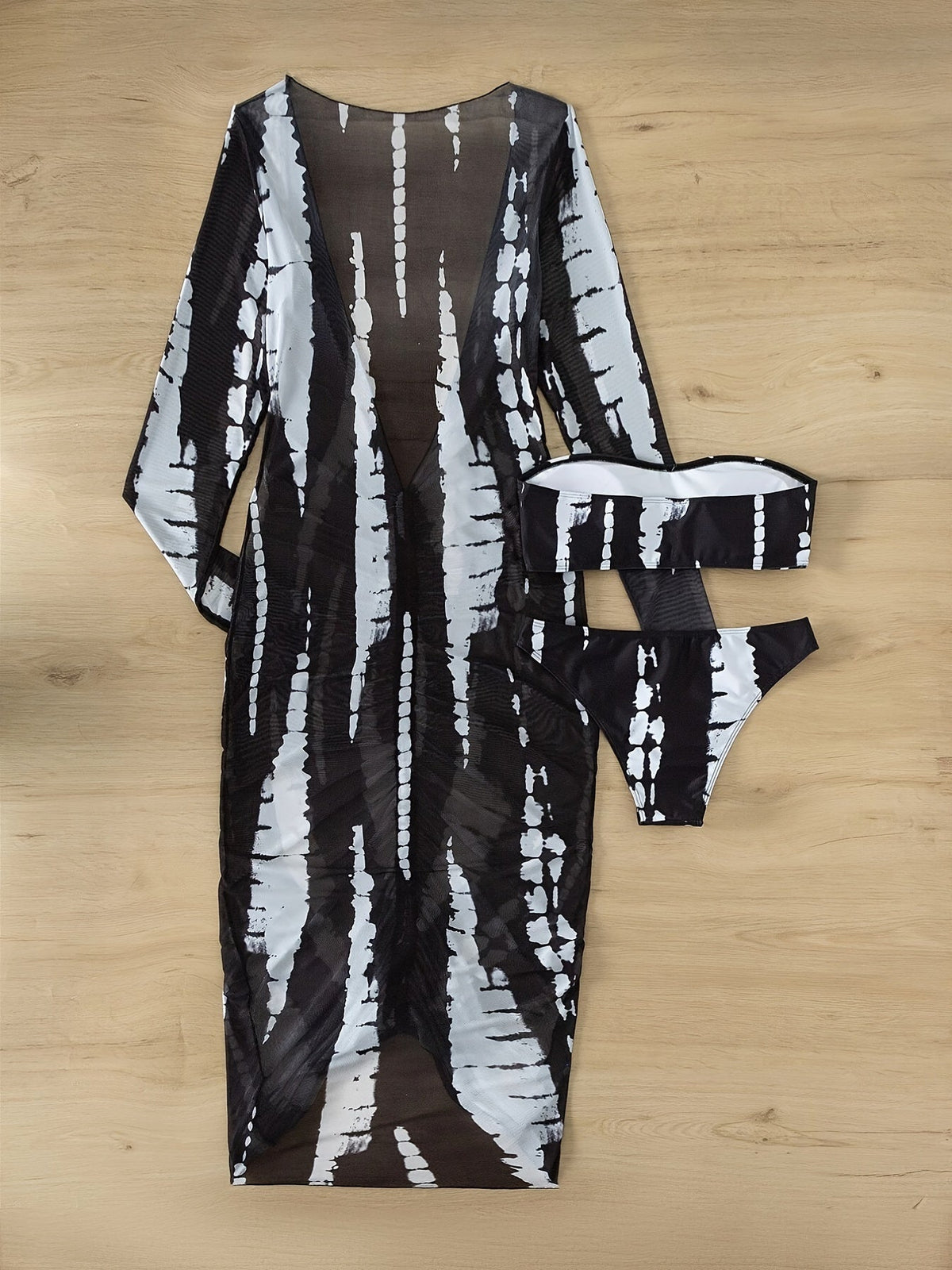 Stevvex Horizon Haze 3Piece Tie Dye Bandeau Bikini Set with black-white print and sheer coverup on Tampa Home & Garden Store