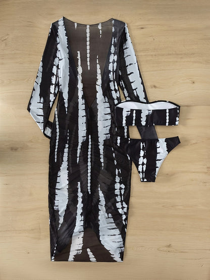 Stevvex Horizon Haze 3Piece Tie Dye Bandeau Bikini Set with black-white print and sheer coverup on Tampa Home & Garden Store