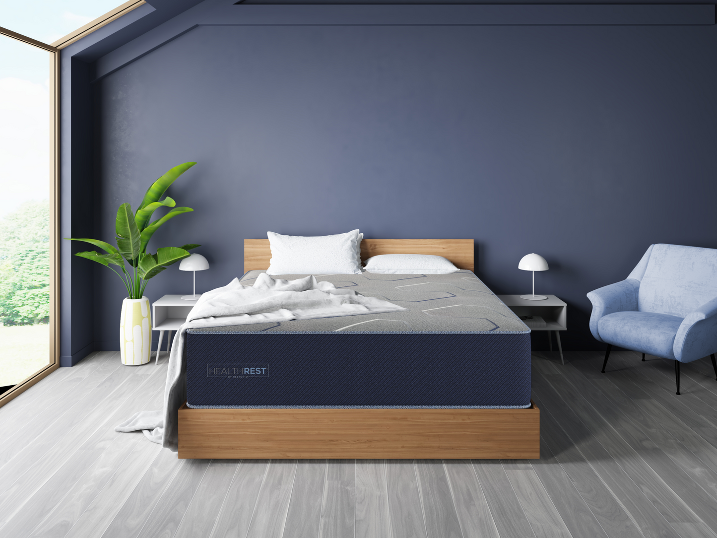 Healthrest by Restonic PolarBreeze Plush mattress on wooden bed with navy wall and white bedding on Tampa Home & Garden Store