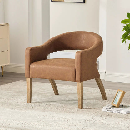 Upholstered open-back armchair in brown leather-look fabric with weathered rubberwood legs on Tampa Home & Garden Store