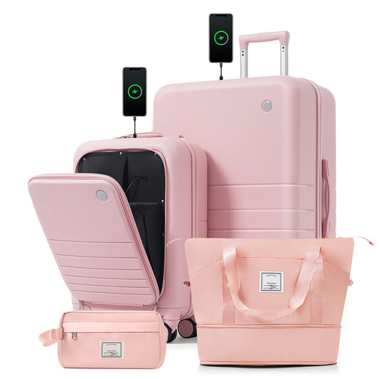 4-piece HouseOfZazla pastel pink hard case luggage set with USB charging ports on Tampa Home & Garden Store