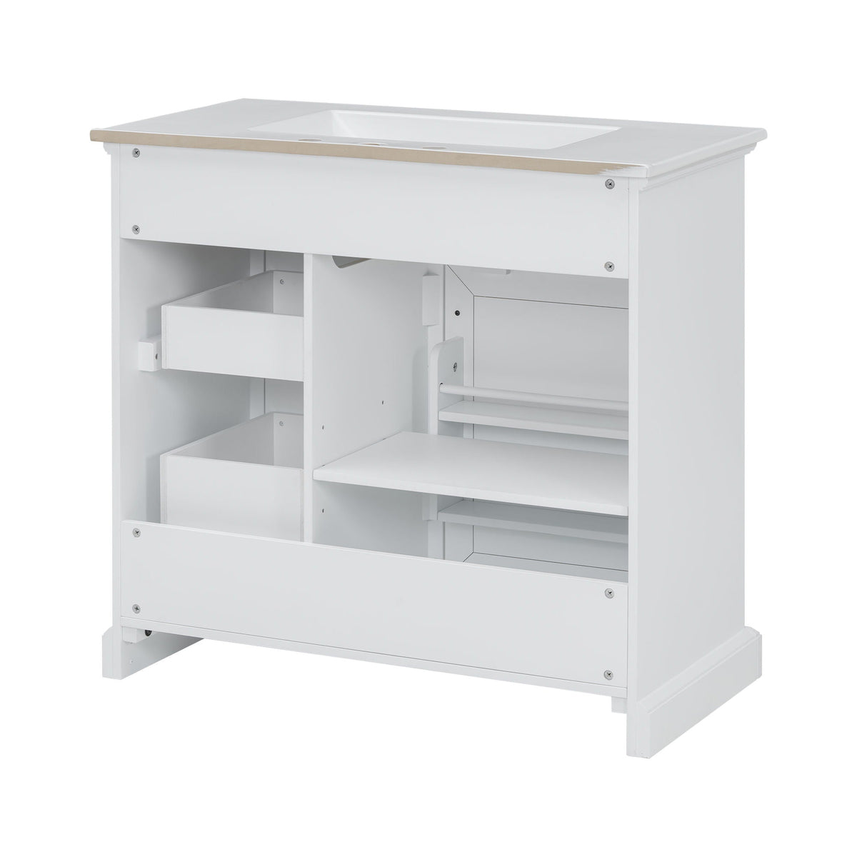 36-inch white bathroom vanity with sink cutout and multiple drawers and doors on Tampa Home & Garden Store