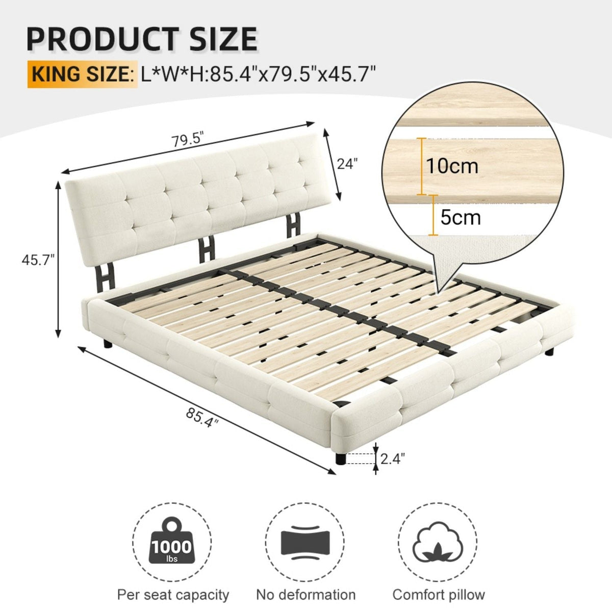 Upholstered bed with tufted white headboard by HouseOfZazla; white or black options on Tampa Home & Garden Store