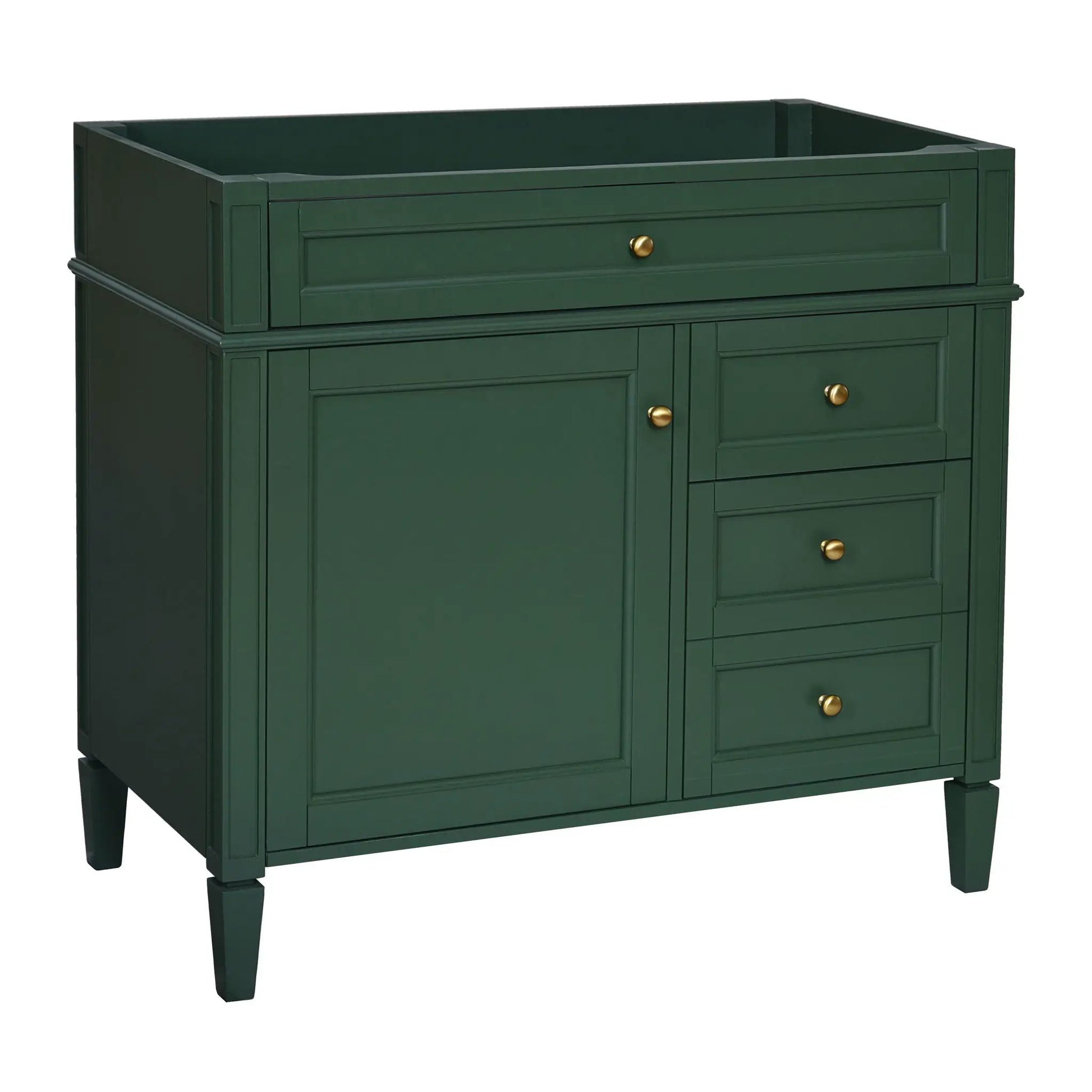 Bathroom vanity base in dark green with 2 drawers, tip-out drawer and brass knobs on Tampa Home & Garden Store