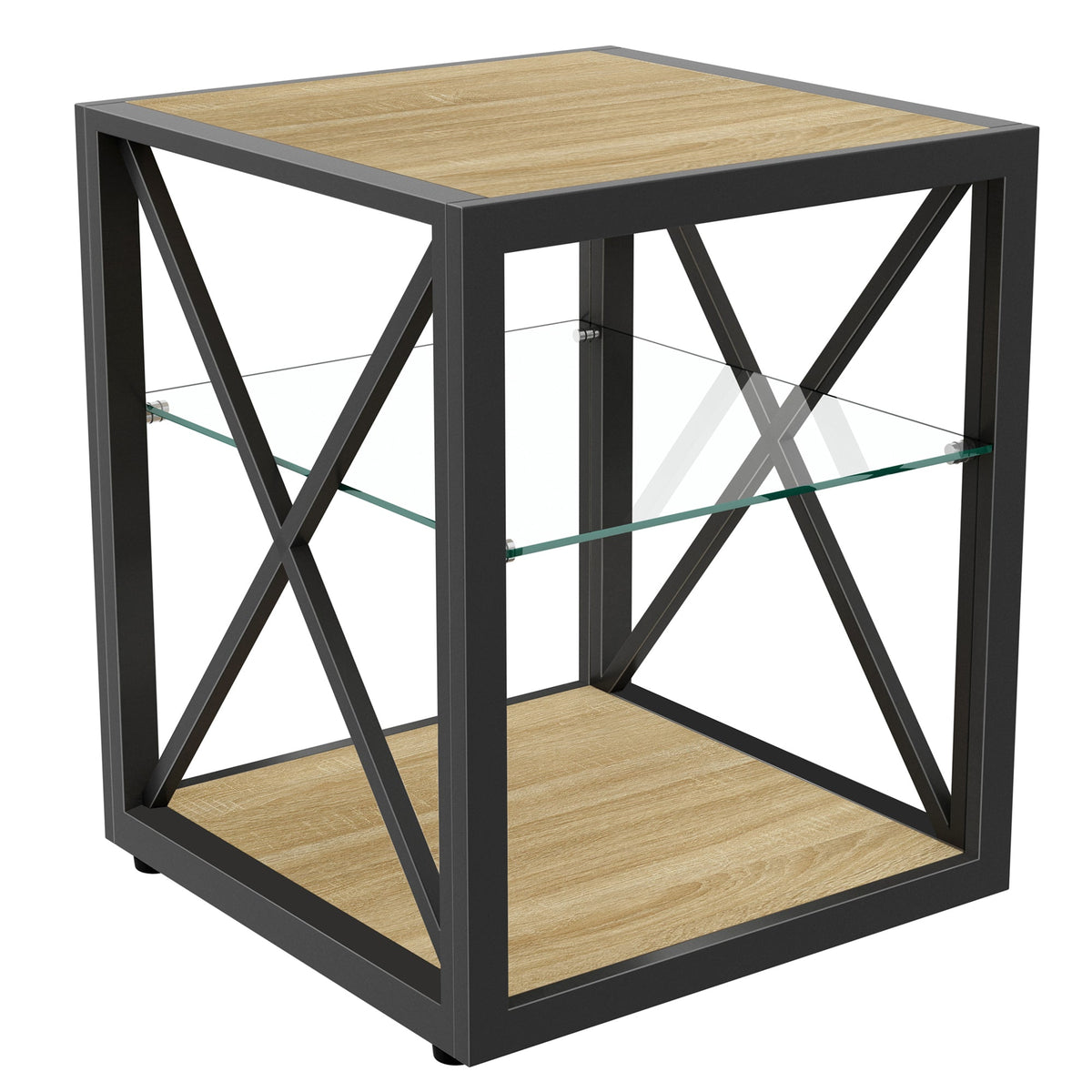 1-piece end table nightstand by HouseOfZazla, modern black metal frame with natural wood top and glass shelf on Tampa Home & Garden Store