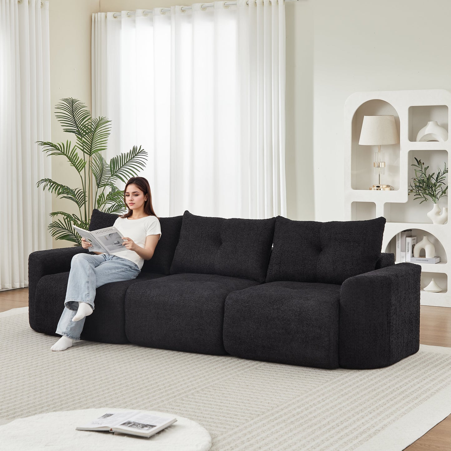 Chenille sofa 109-inch large modern 3-seater in dark charcoal upholstery for living room on Tampa Home & Garden Store