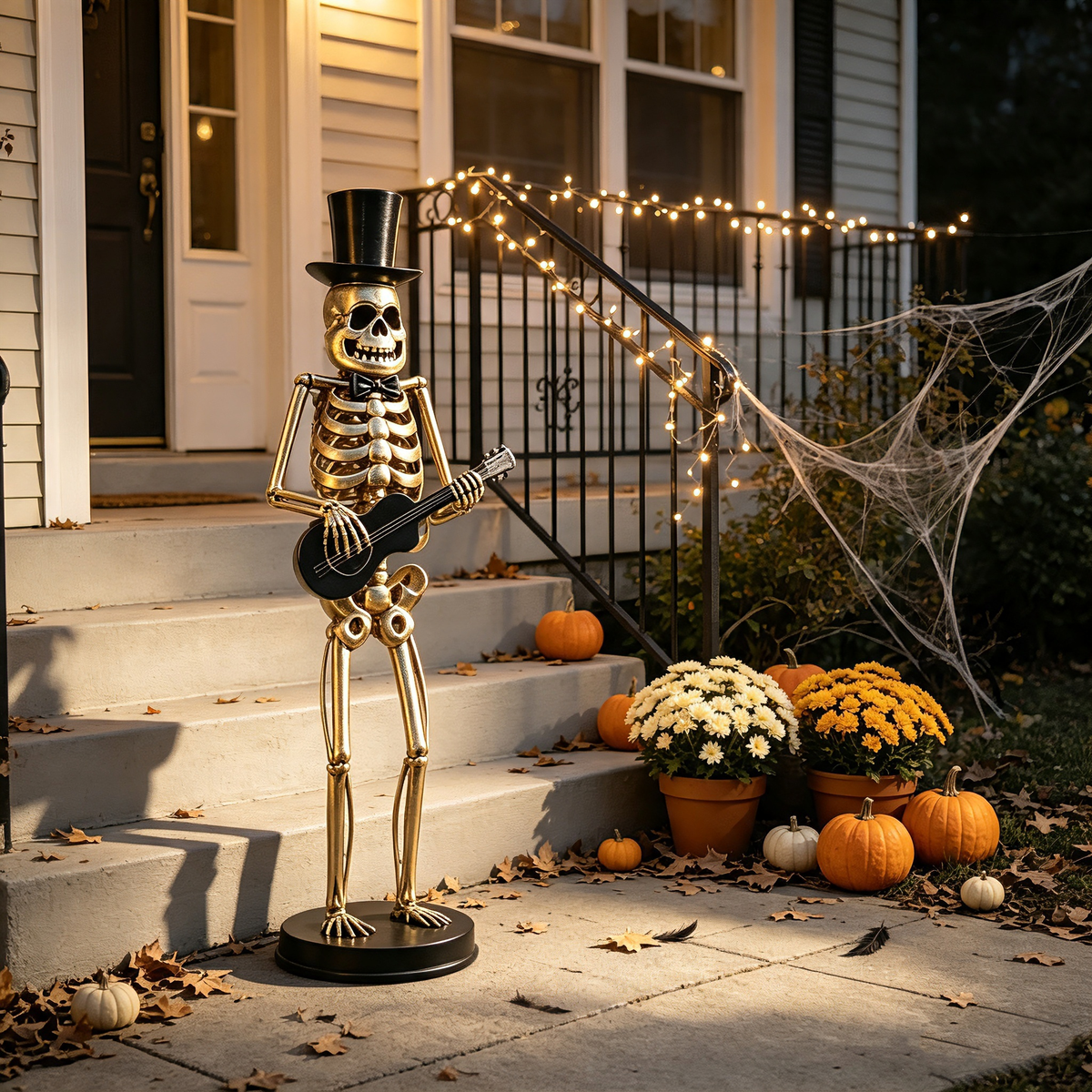 Skeleton musician statue in gold-tone metal with black top hat playing a guitar by HouseOfZazla on Tampa Home & Garden Store