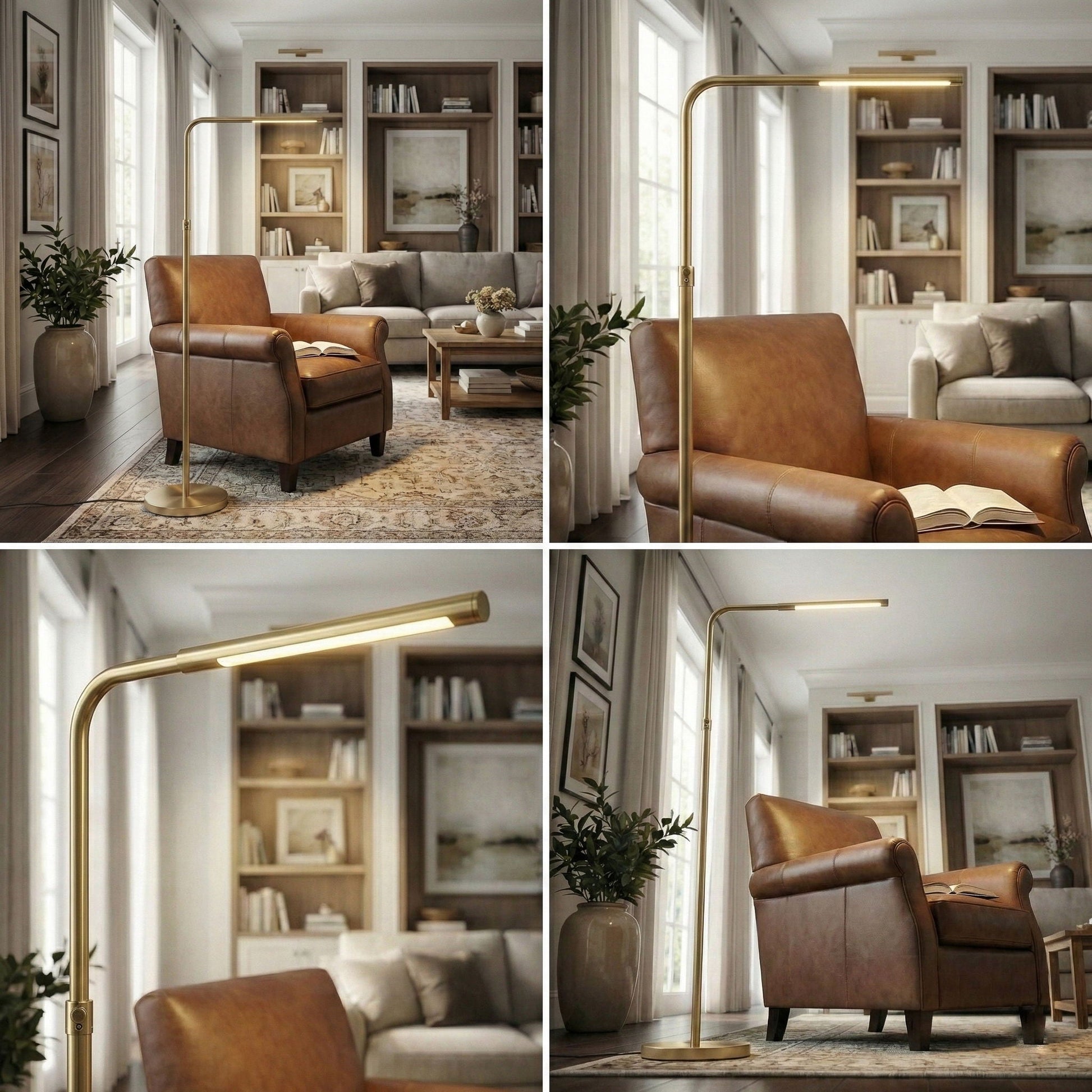 Verve floor lamp by HouseOfZazla in gold with adjustable LED arm and on/off switch on Tampa Home & Garden Store