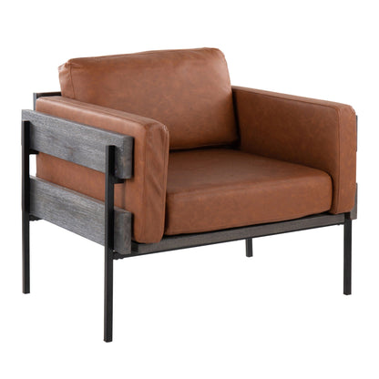 Farmhouse Kari accent chair with brown leather cushions and black metal frame on Tampa Home & Garden Store