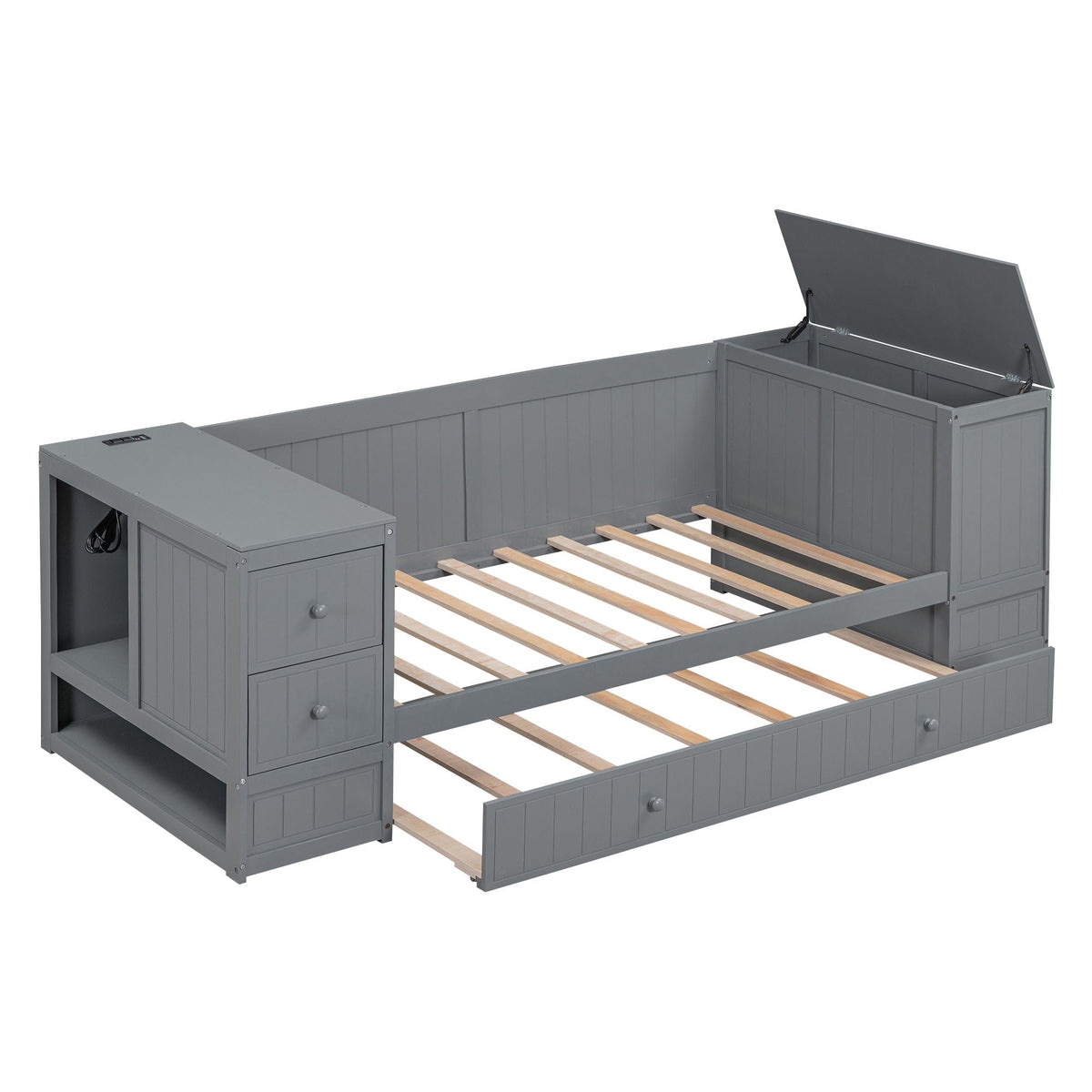 Daybed with storage arms and trundle in gray wood, charging station and slat base on Tampa Home & Garden Store