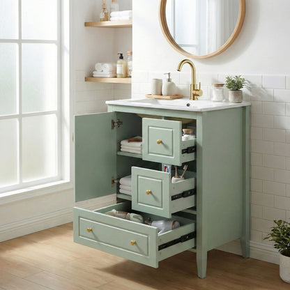 Retro bathroom vanity with ceramic sink in mint green, brass faucet, soft-close drawers on Tampa Home & Garden Store