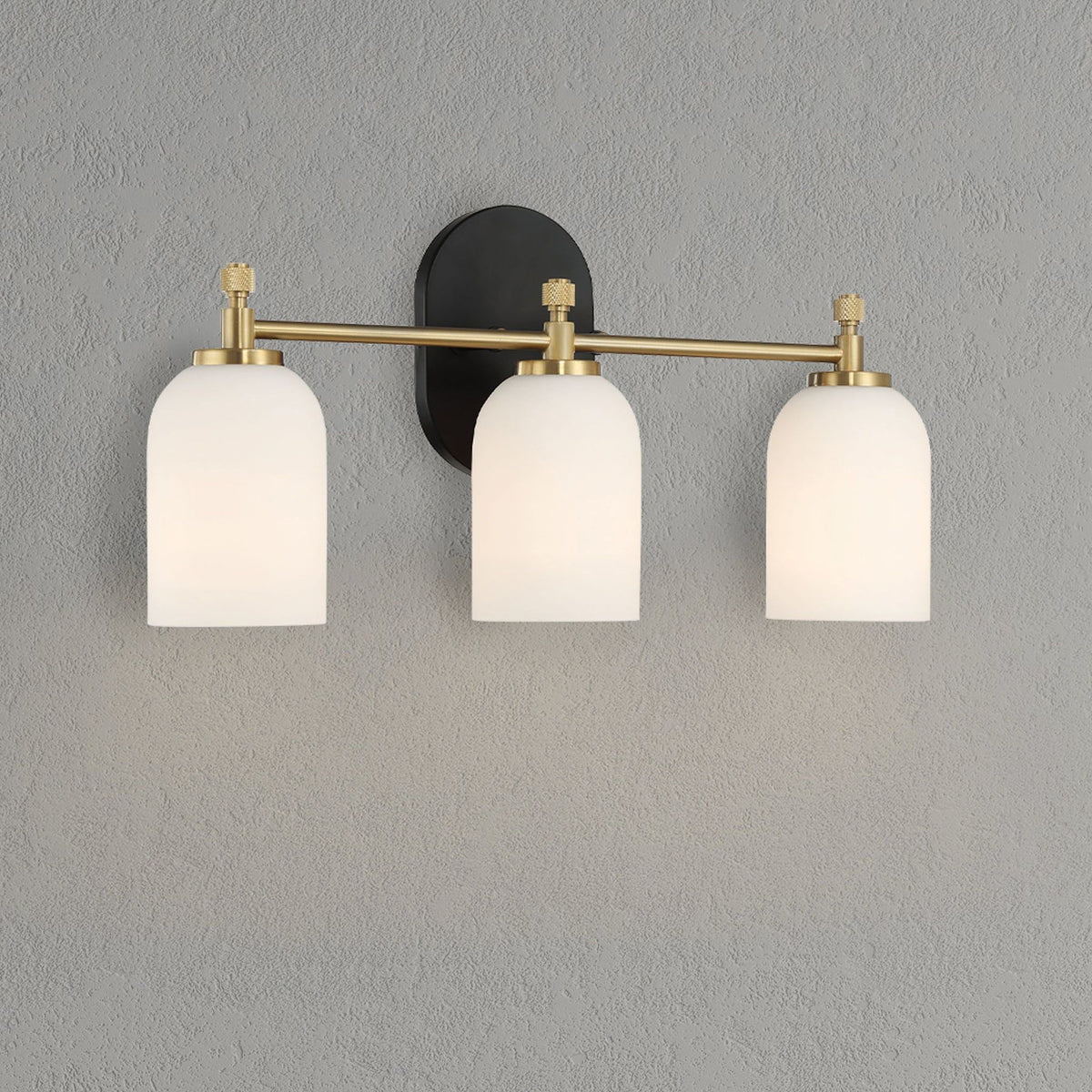 3-light vanity wall light with frosted white glass shades in black and brass finish on Tampa Home & Garden Store