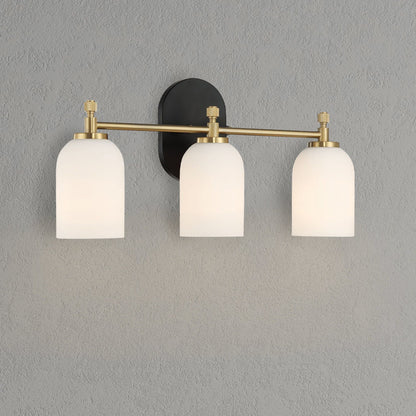 3-light vanity wall light with frosted white glass shades in black and brass finish on Tampa Home & Garden Store