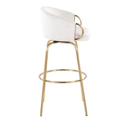 Claire Contemporary Bar Stool Set white upholstery with gold round footrest HouseOfZazla on Tampa Home & Garden Store