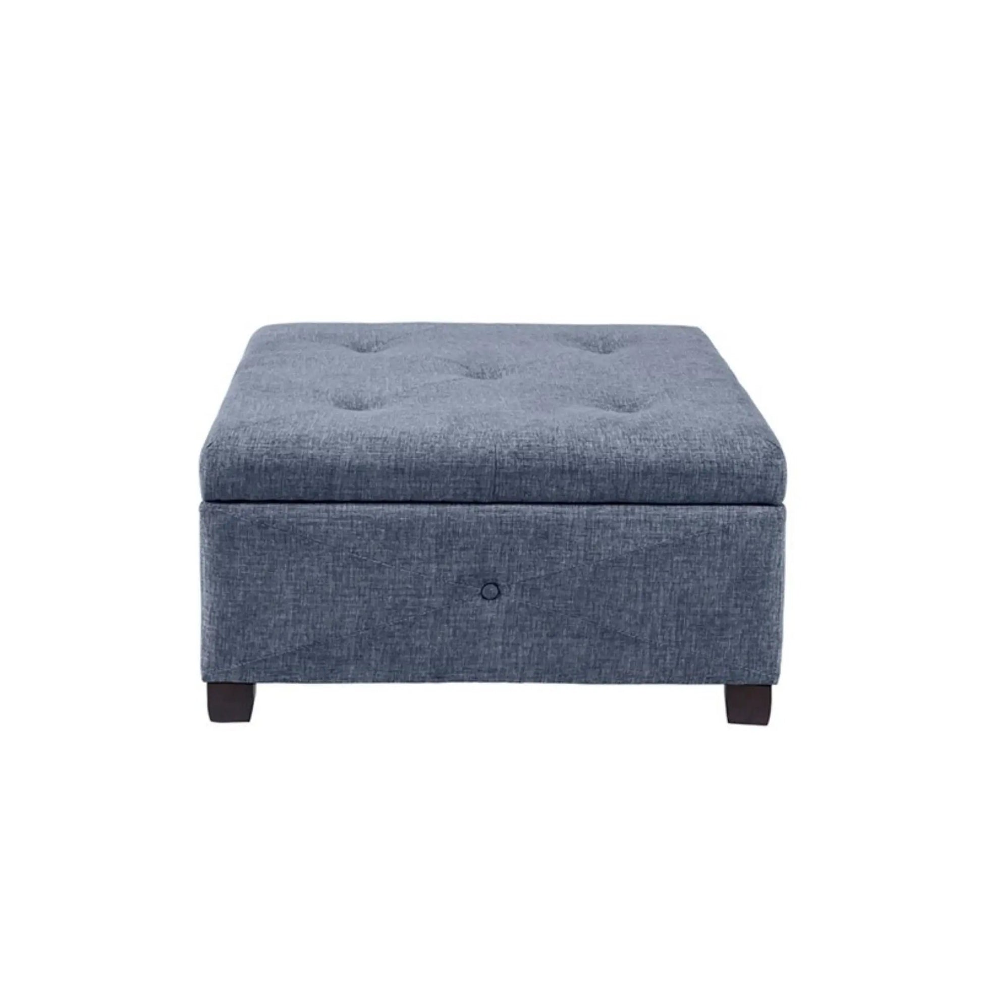 Aspen - Ottoman Soft Close Storage in blue-gray fabric with tufted lid and dark legs on Tampa Home & Garden Store