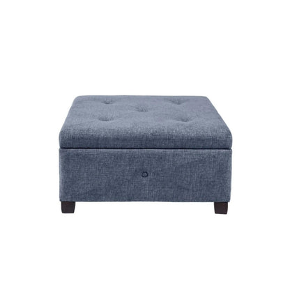 Aspen - Ottoman Soft Close Storage in blue-gray fabric with tufted lid and dark legs on Tampa Home & Garden Store