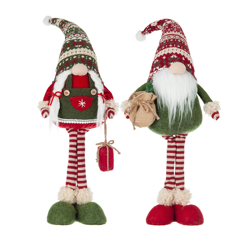 Set of 2 fabric standing gnomes by HouseOfZazla with red and green hats and striped legs on Tampa Home & Garden Store