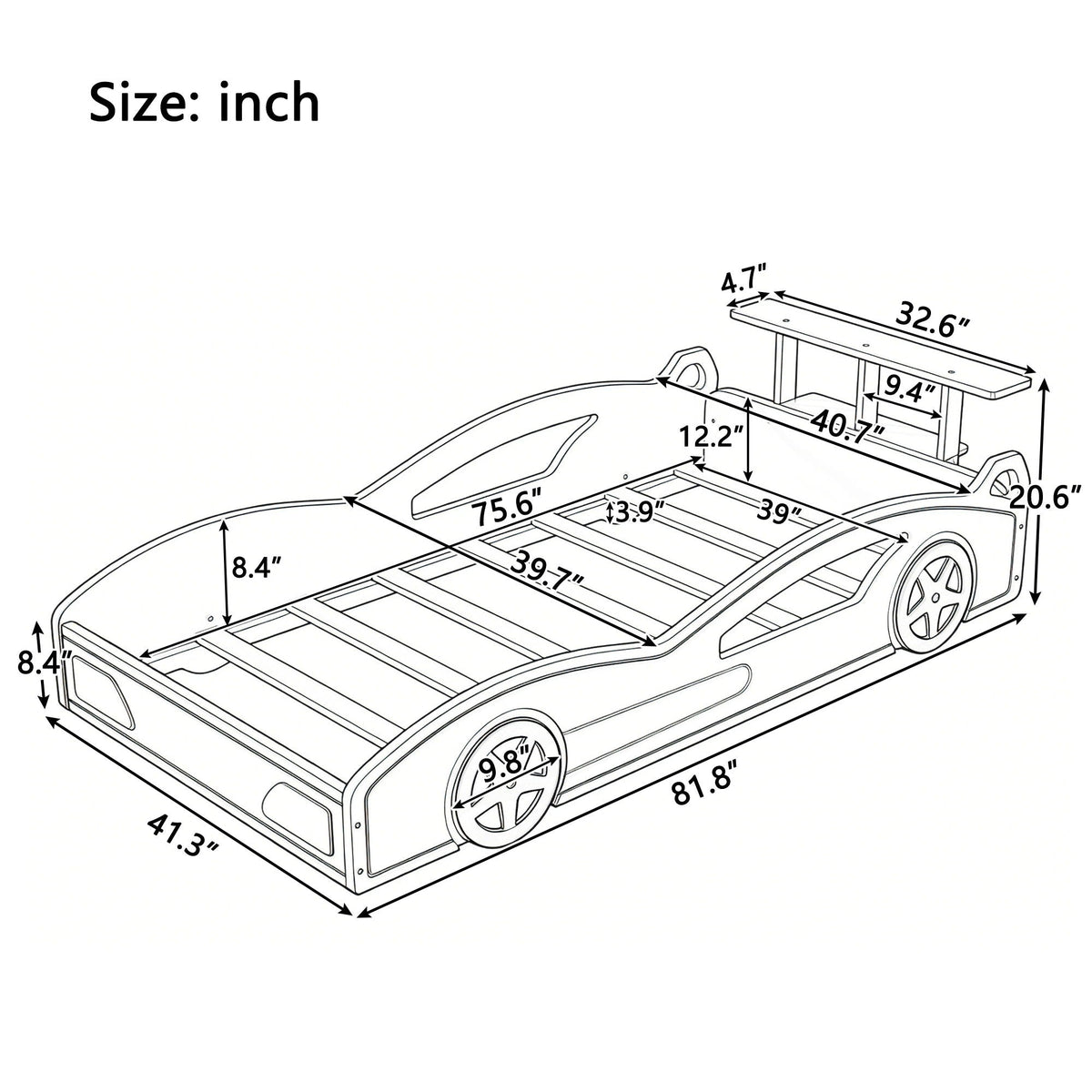 Race Car Platform Bed & Wheels by HouseOfZazla, dimensioned line-drawing car bed schematic on Tampa Home & Garden Store
