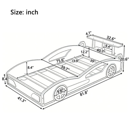 Race Car Platform Bed & Wheels by HouseOfZazla, dimensioned line-drawing car bed schematic on Tampa Home & Garden Store