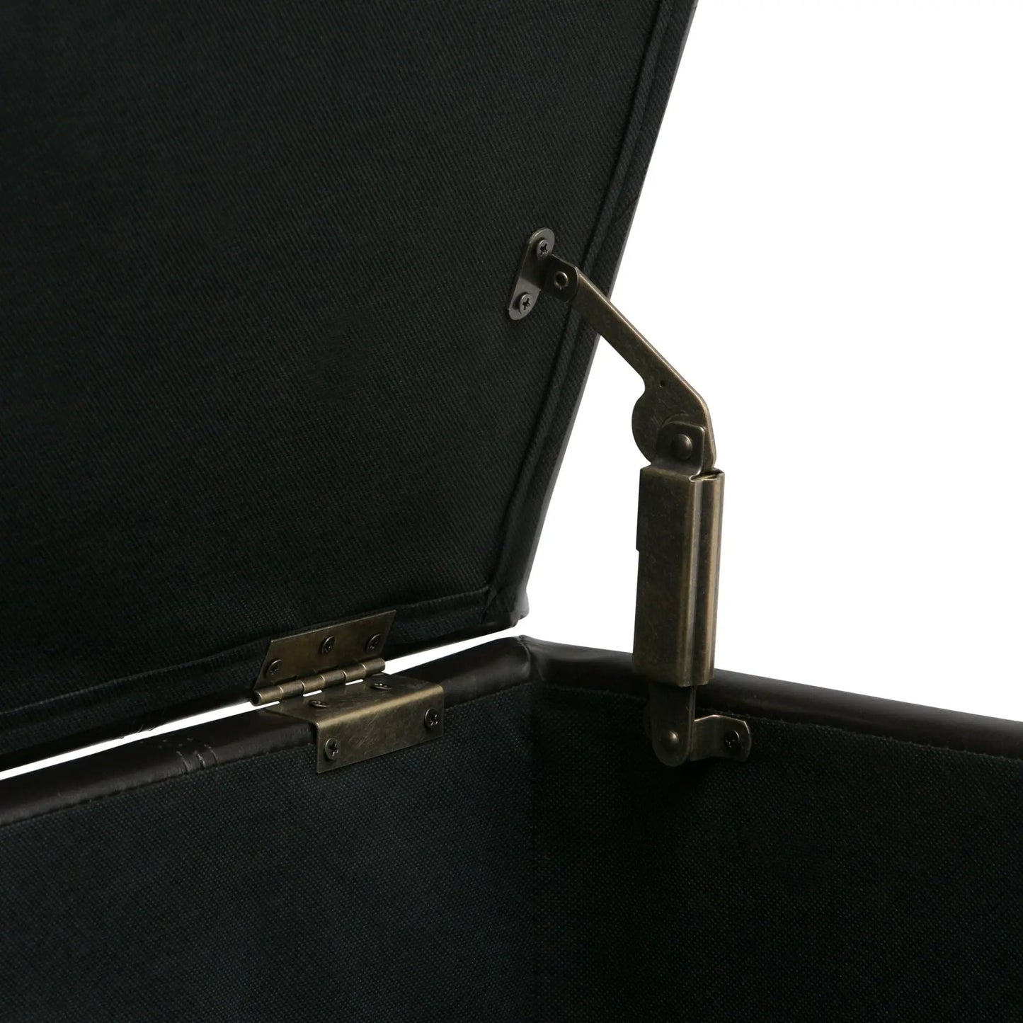 Dover storage ottoman bench with black fabric upholstery and antique metal hardware on Tampa Home & Garden Store