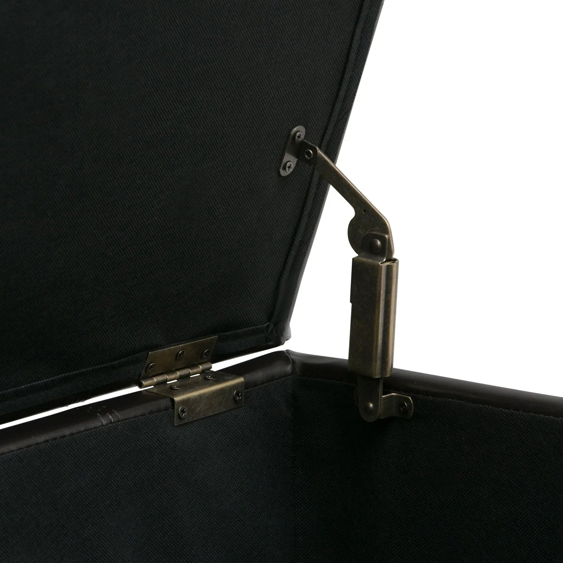 Dover storage ottoman bench with black fabric upholstery and antique metal hardware on Tampa Home & Garden Store