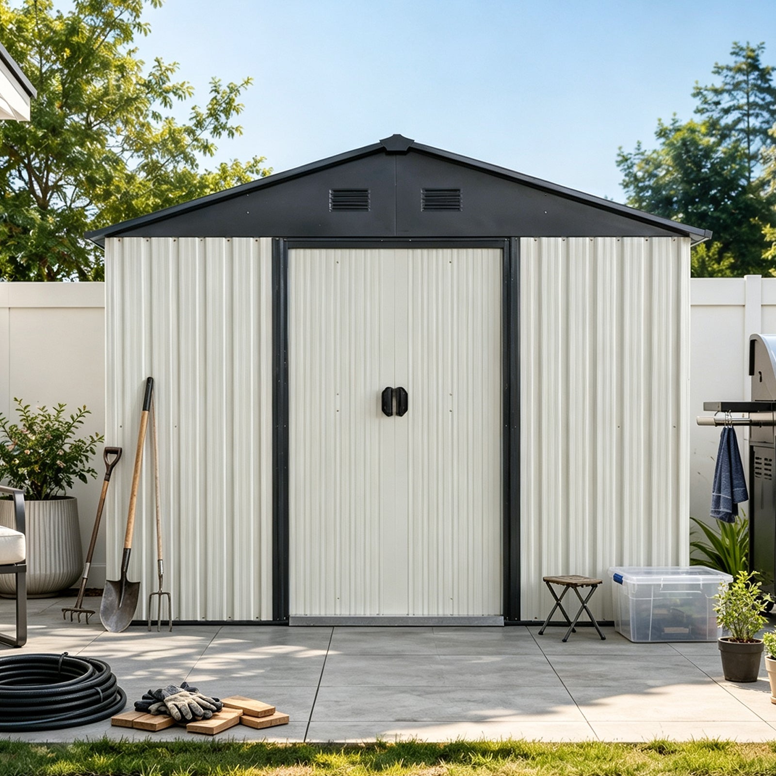 8ft x 4ft outdoor metal shed with white panels and black trim, double doors on Tampa Home & Garden Store