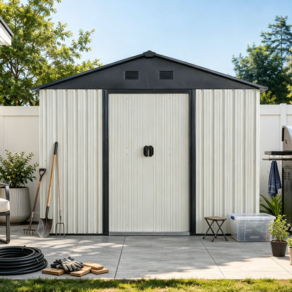 8ft x 4ft outdoor metal shed with white panels and black trim, double doors on Tampa Home & Garden Store