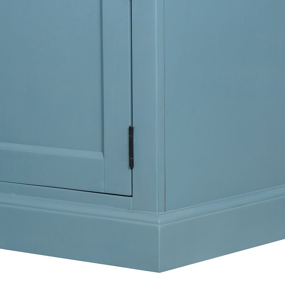 Solid acacia wood accent cabinet with blue finish and glass doors on Tampa Home & Garden Store