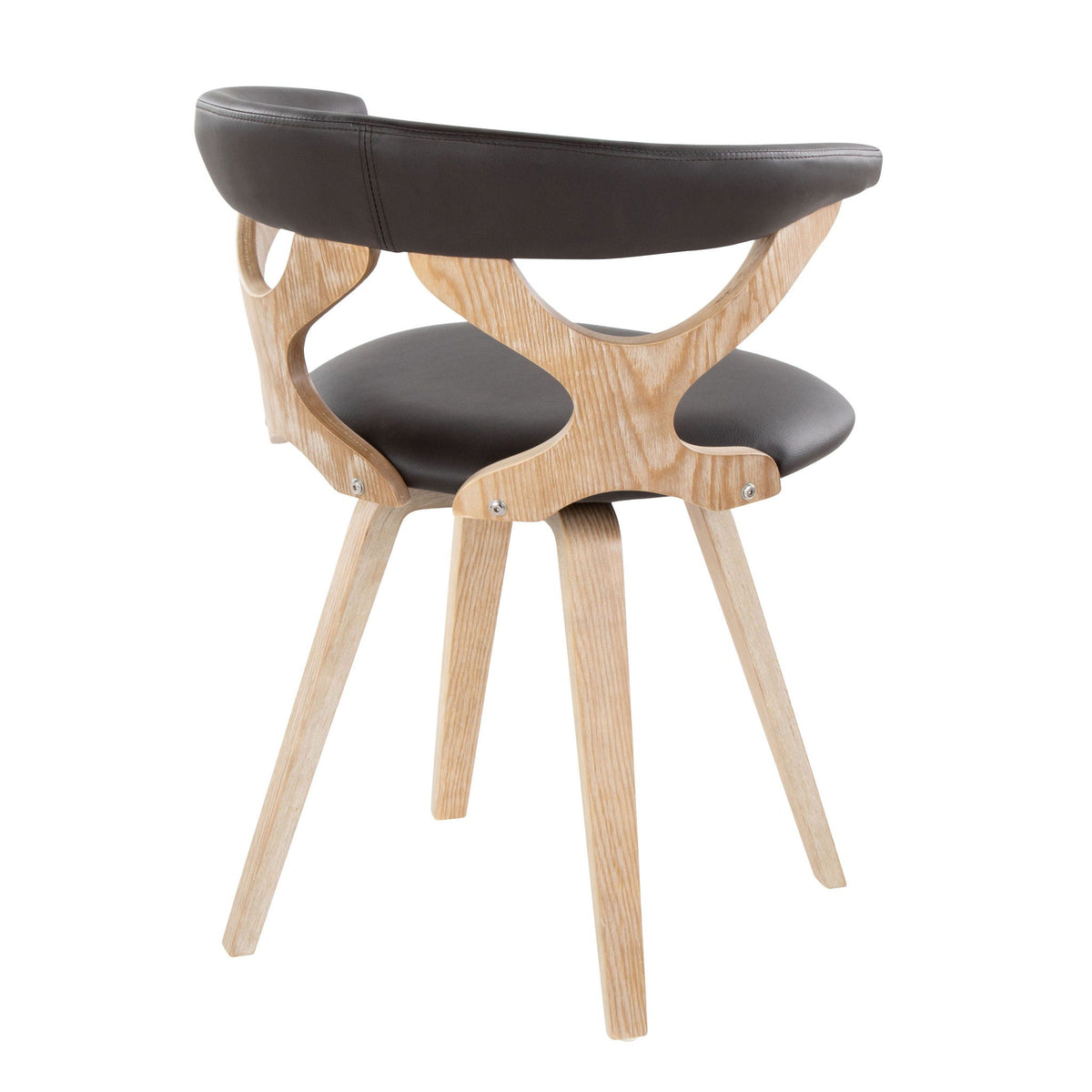 Mid Century Modern swivel dining chair with dark brown leather upholstery and natural wood curved legs on Tampa Home & Garden Store