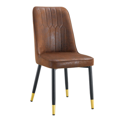 Modern chair with brown faux leather upholstery and black metal legs with yellow tips on Tampa Home & Garden Store