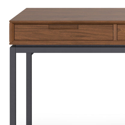 Mid century walnut wood writing desk with storage and gray metal legs on Tampa Home & Garden Store