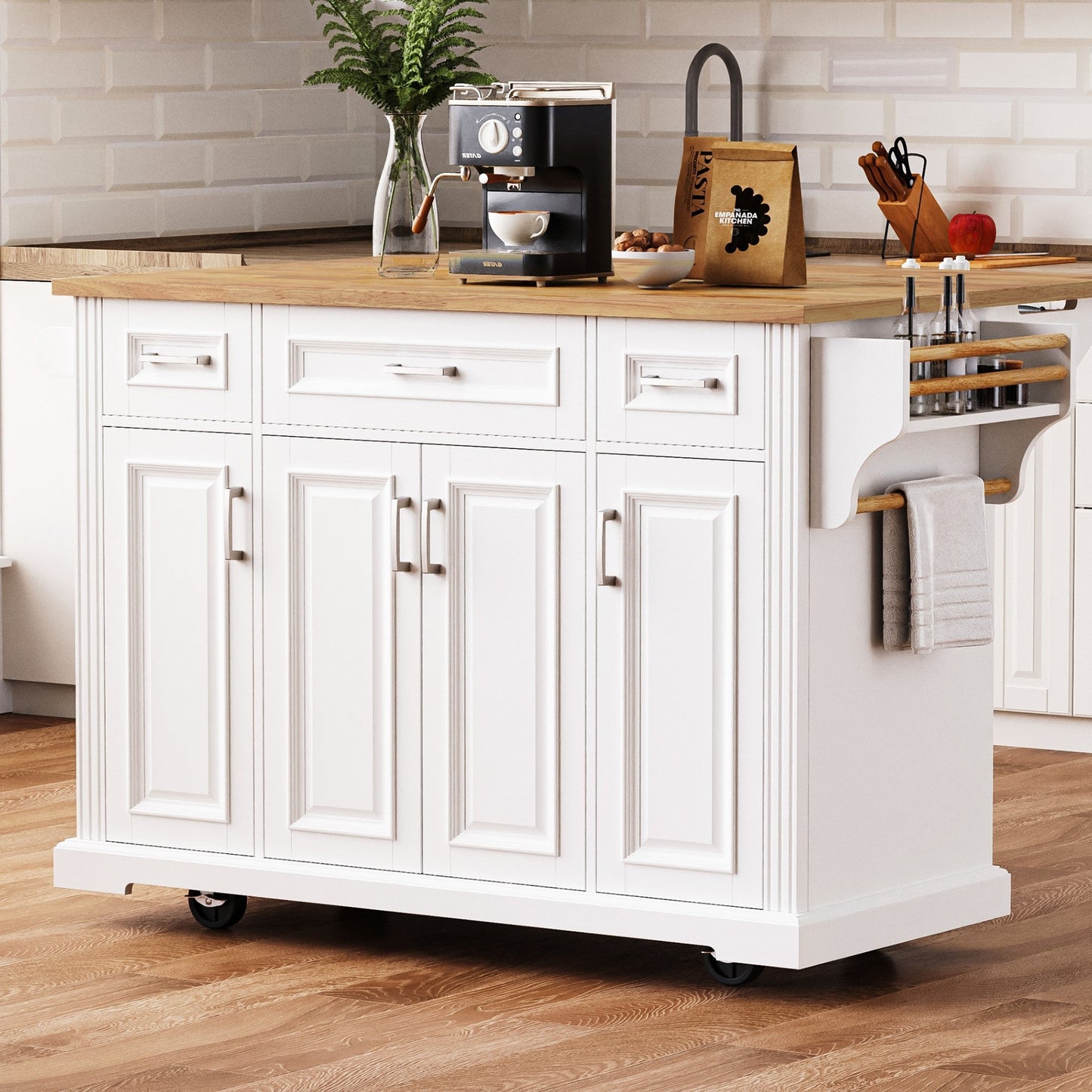 K&K 54-Inch Large Kitchen Island Rubber Wood Drop Leaf base wood top on casters HouseOfZazla on Tampa Home & Garden Store