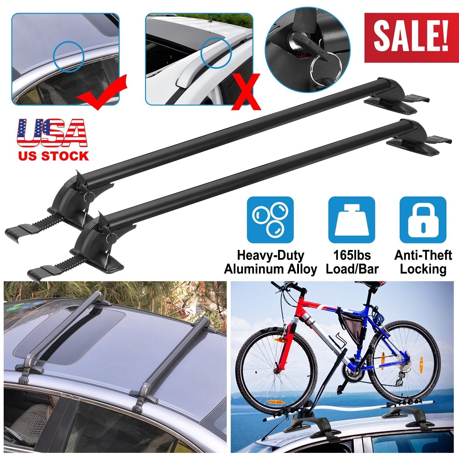GemGear 2-pack universal 110cm car roof rack cross bars with anti-theft lock aluminum on Tampa Home & Garden Store