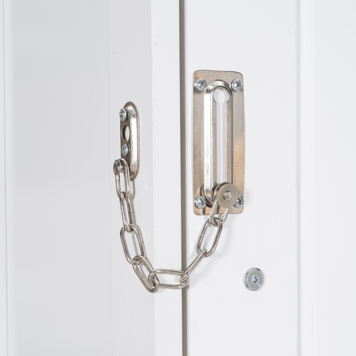Murphy bed hardware close-up on white cabinet door showing metal mounting plates and chains on Tampa Home & Garden Store