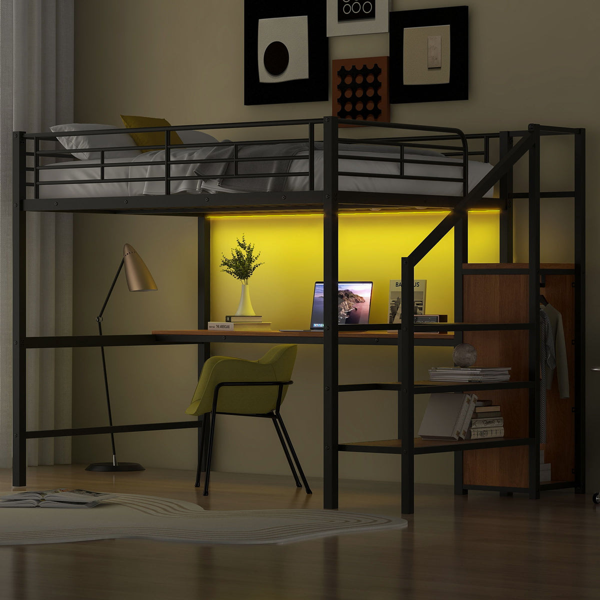 Loft bed with desk and storage staircase in black metal frame with LED lighting on Tampa Home & Garden Store