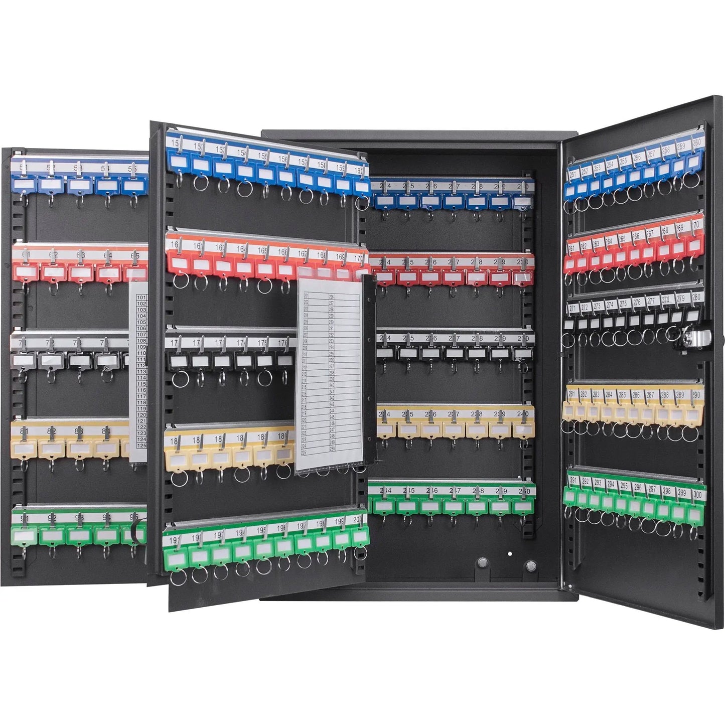 Adjustable key cabinet with combination lock in wall-mounted organizer featuring blue red green tags on Tampa Home & Garden Store
