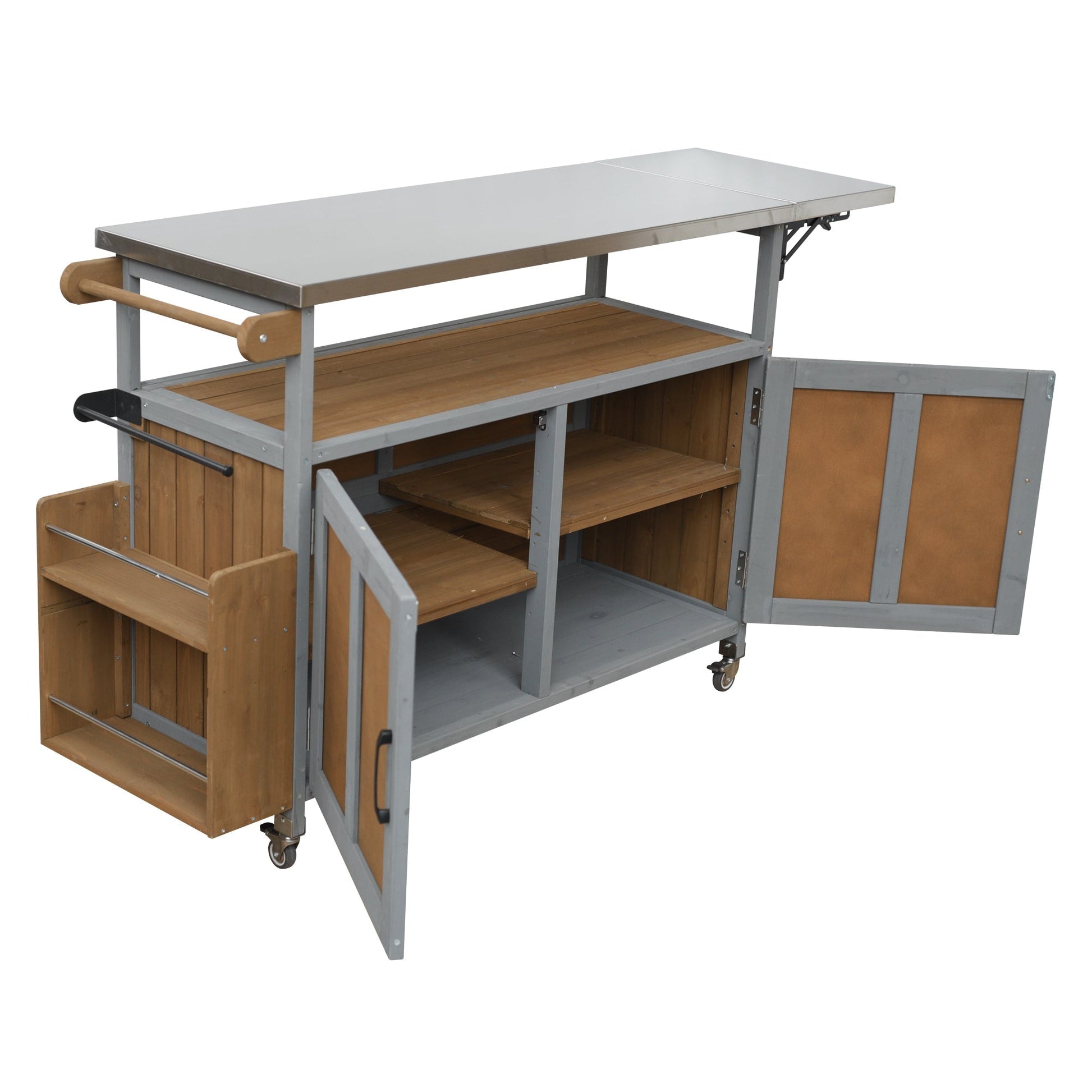 Foldable outdoor kitchen island cart with stainless steel top and wood shelves HouseOfZazla on Tampa Home & Garden Store