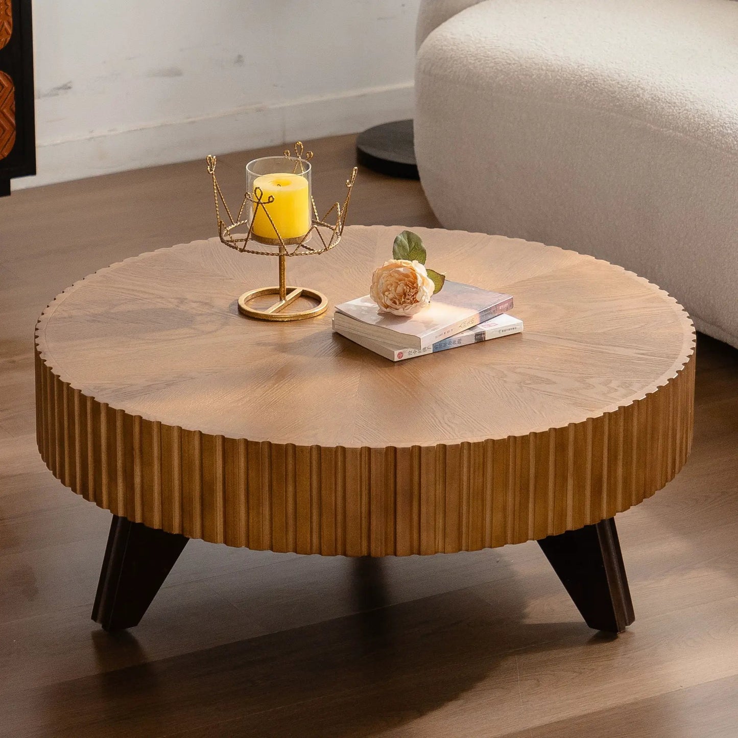 Round Retro Coffee Table with Solid Wood Legs