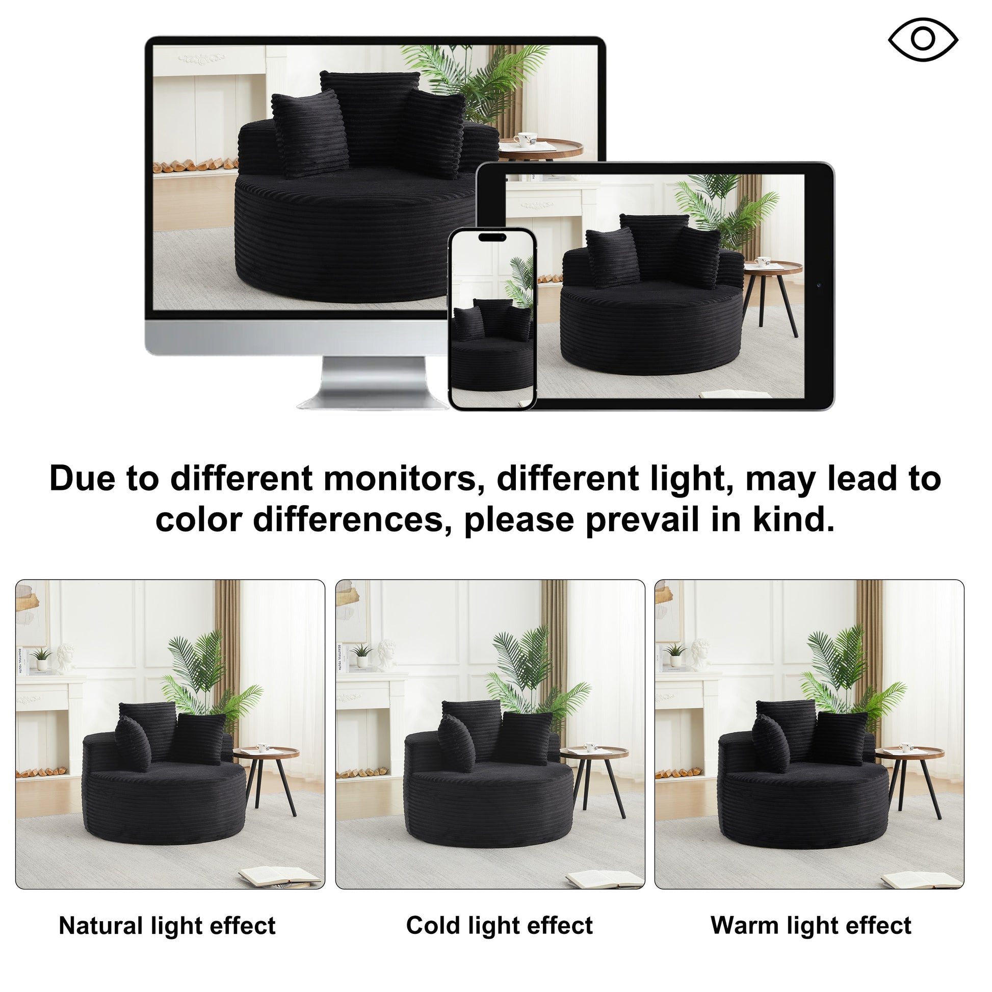 43-Inch Round Corduroy Single Sofa in black by HouseOfZazla, round ottoman-style seating on Tampa Home & Garden Store